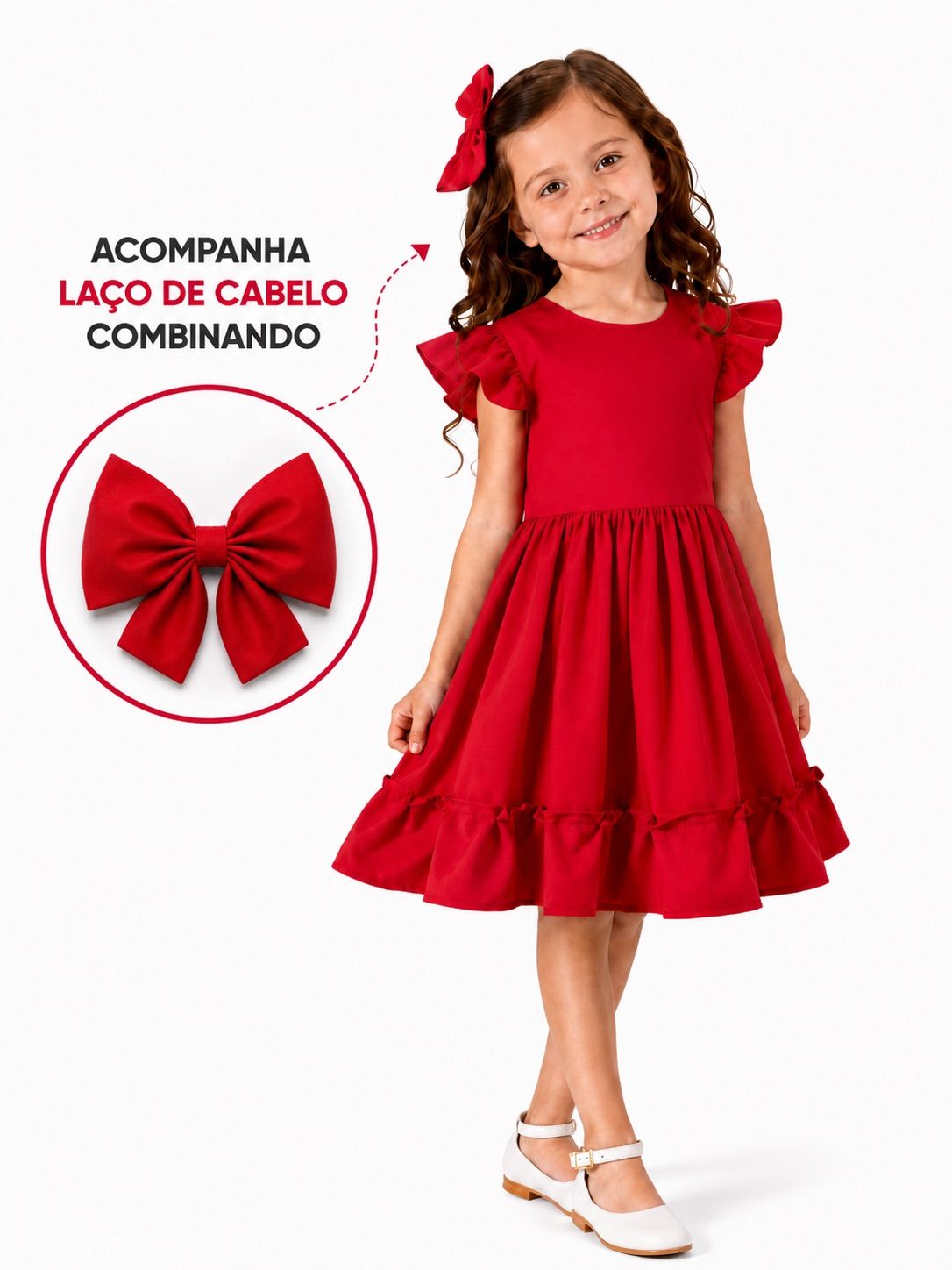 Detalhe do vestido infantil feminino com babados e laço para ocasião especial