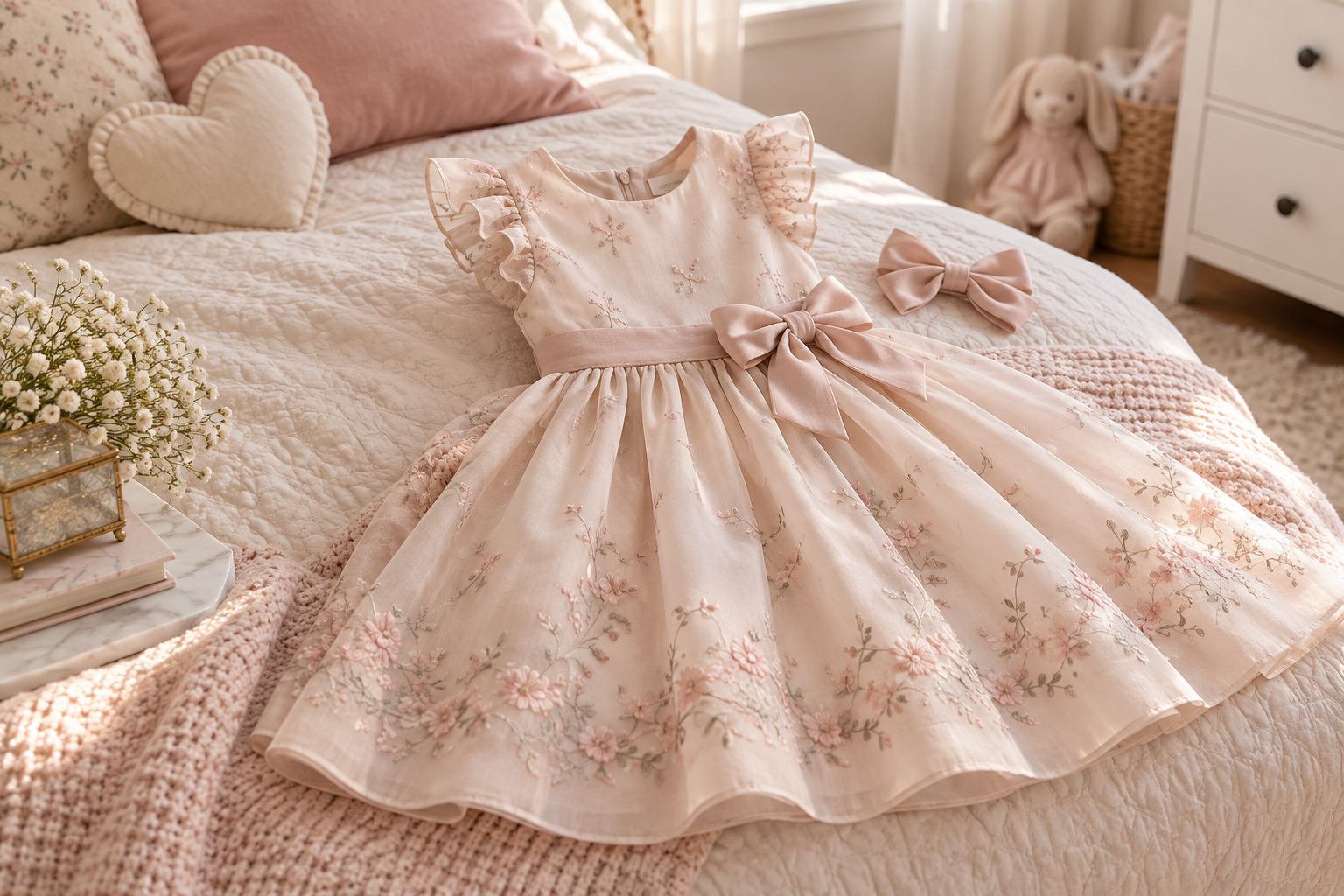 Laço infantil ao lado de vestido de festa em preparação para o evento