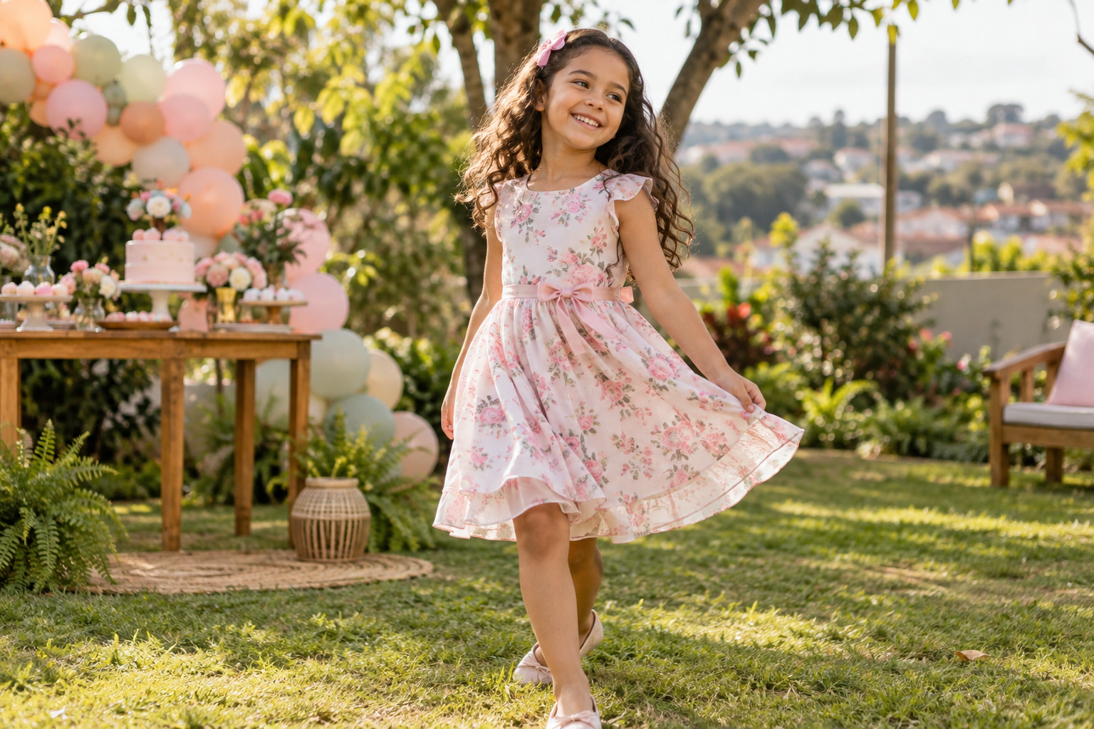 Menina usando look infantil feminino confortável em festa de aniversário no Jardim Buriti Sereno Norte, Aparecida de Goiânia