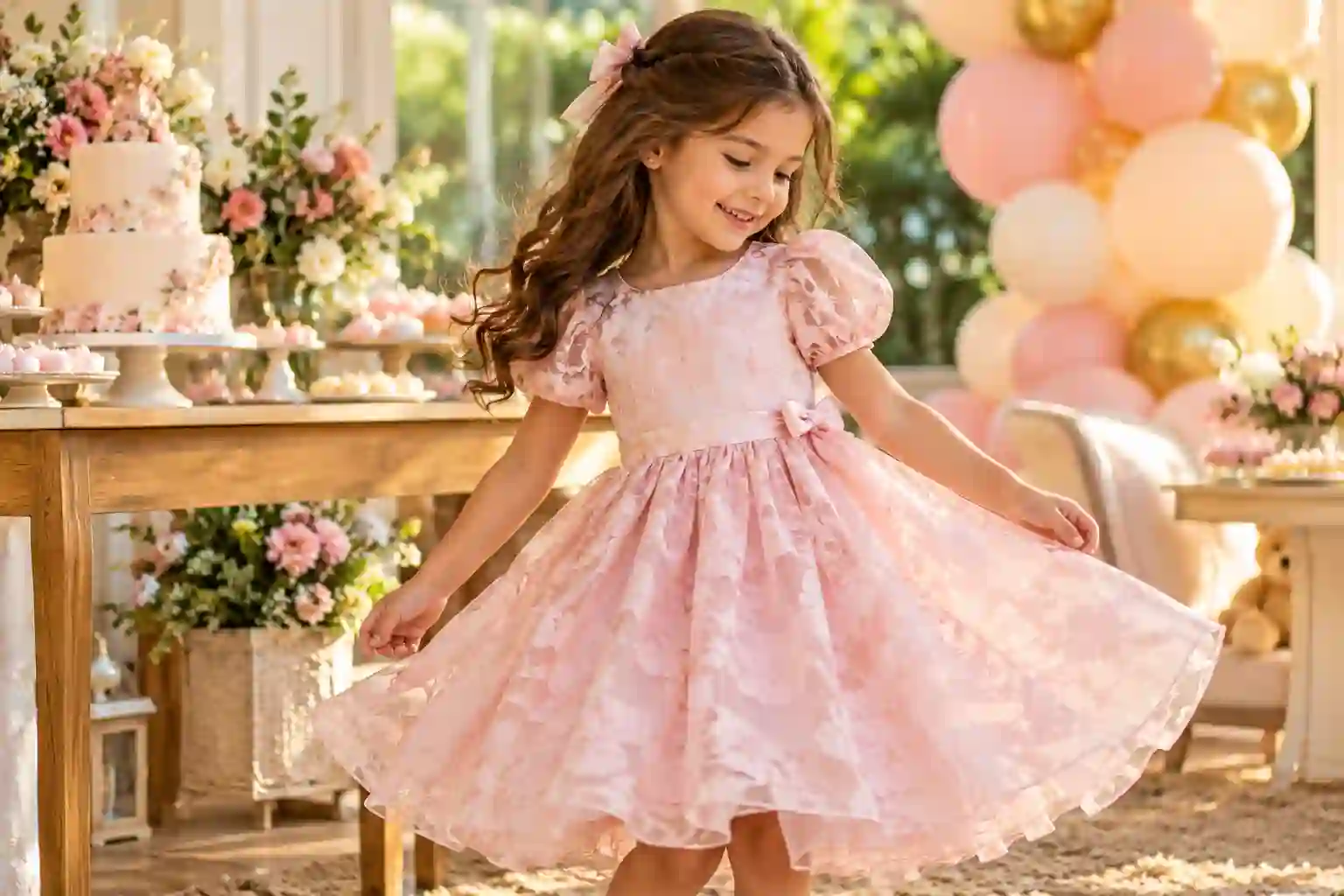 Detalhe de vestido infantil feminino para festa de aniversário, com saia rodada e acabamento delicado