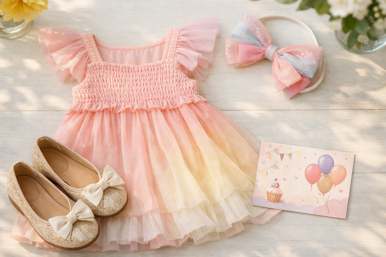 Look infantil para aniversário com vestido, sapatilhas e tiara em tons pastel