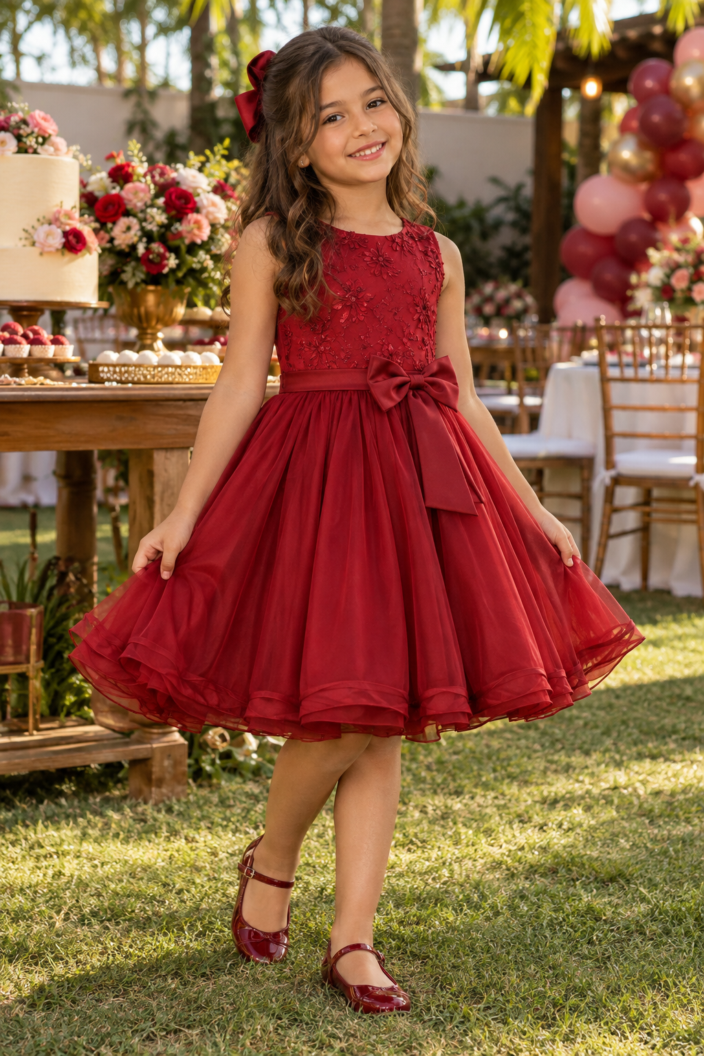 Menina usando vestido infantil de festa em uma comemoração