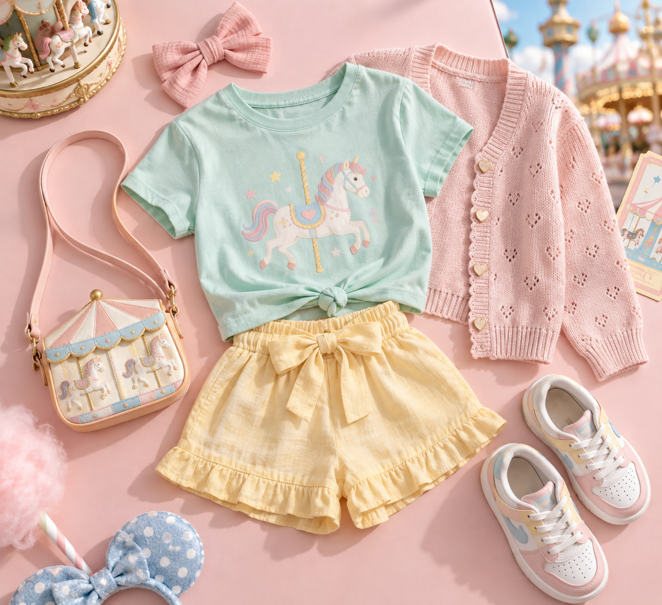 Composição de look infantil para parque de diversões com roupa confortável, tênis e acessórios