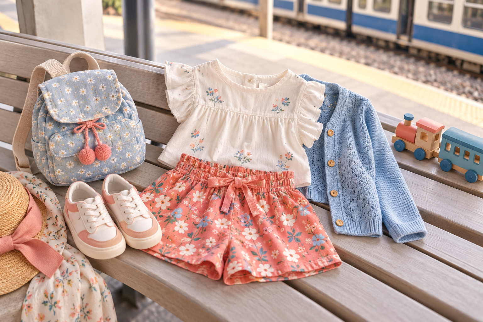 Look infantil confortável organizado para uma viagem de trem