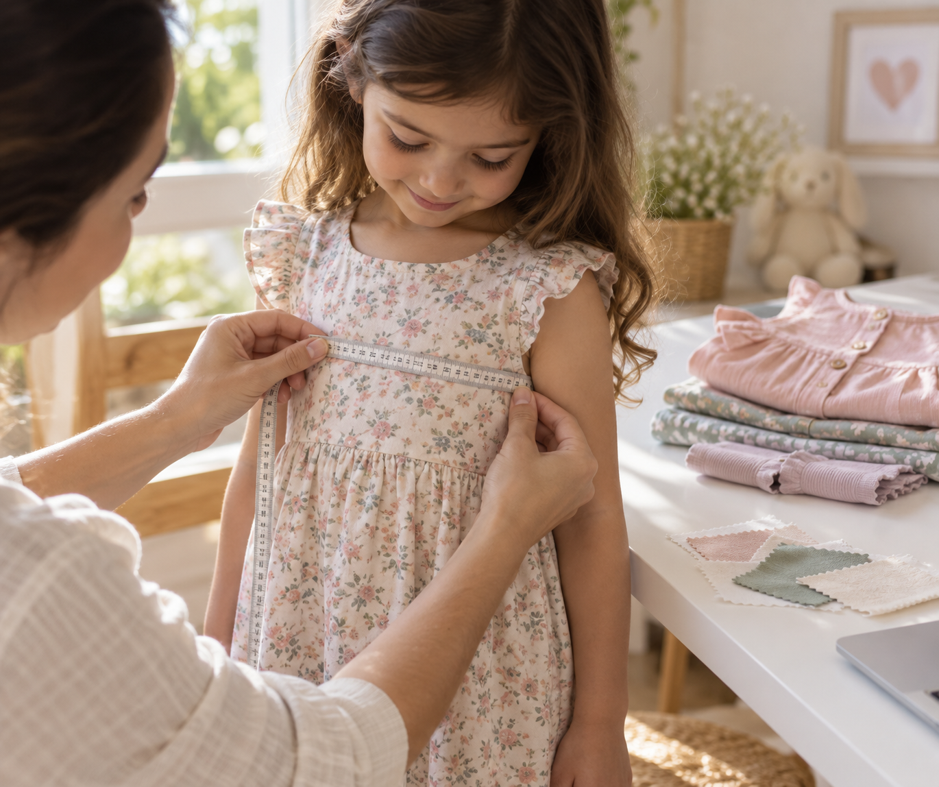Responsável conferindo medidas de roupa infantil com fita métrica
