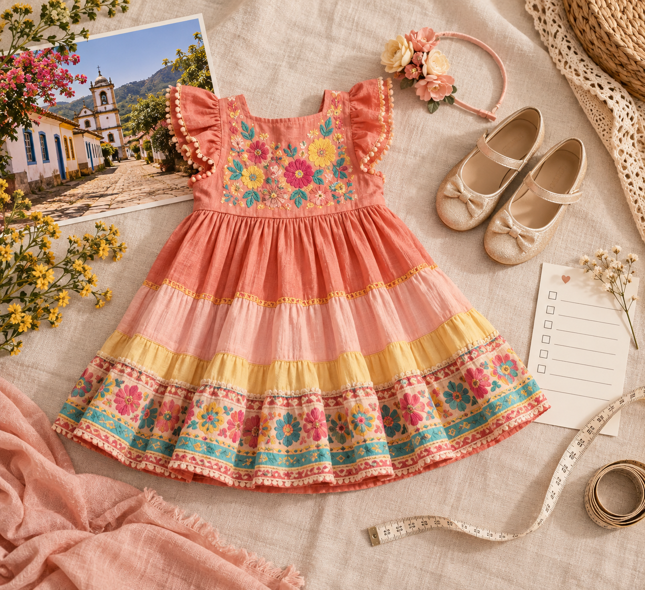 Planejamento de vestido infantil para festa com acessórios e fita métrica