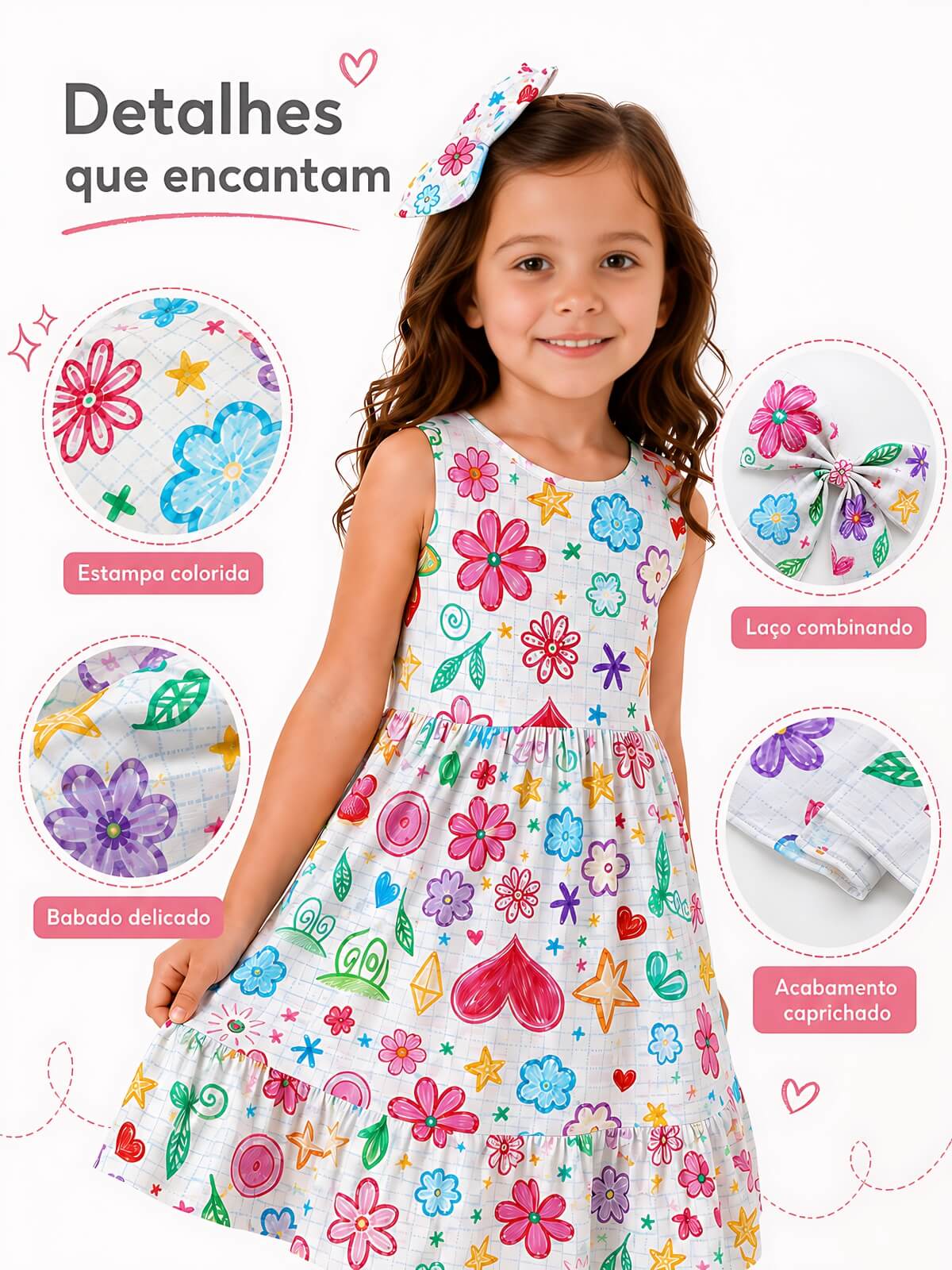 Detalhe do vestido infantil estampado colorido com laço de cabelo — moda infantil feminina para ocasião especial