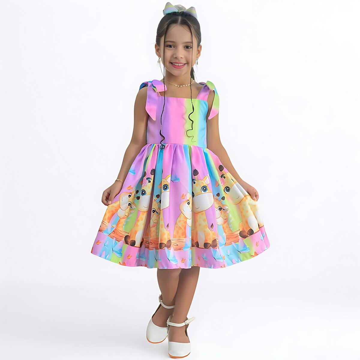 Vestido infantil colorido com saia rodada para festa