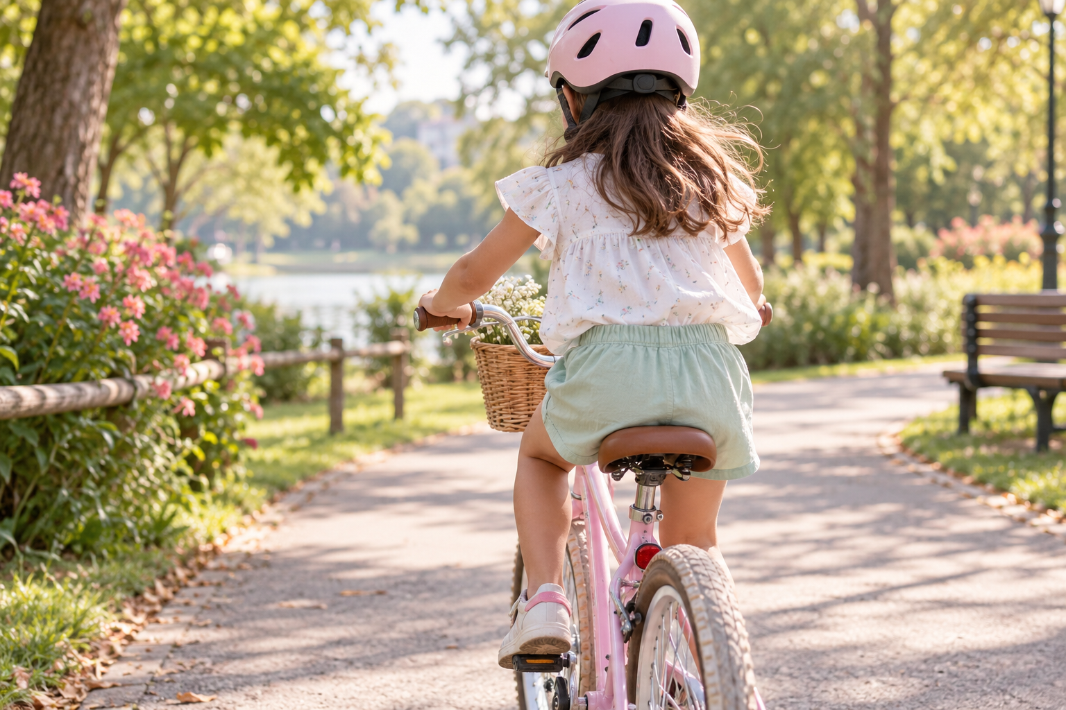 Menina vista de costas usando roupa leve e capacete durante passeio de bicicleta em um parque