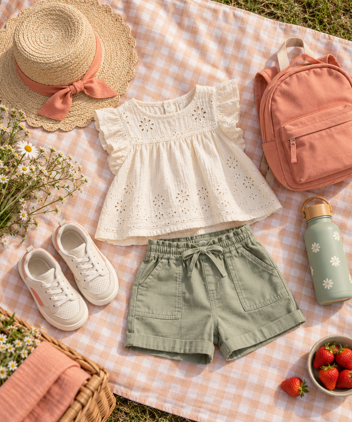 Roupa infantil para piquenique organizada com chapéu, tênis e mochila