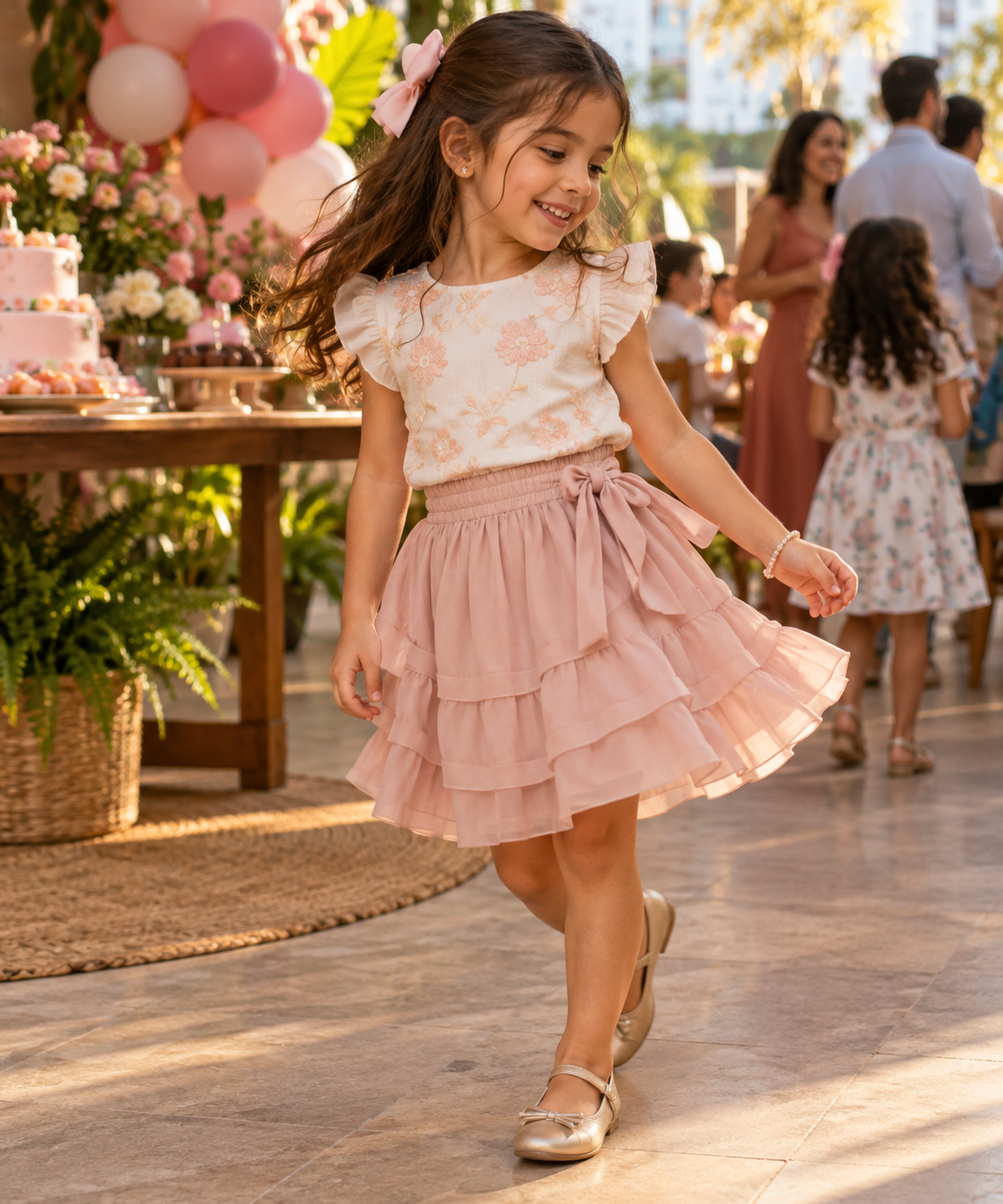 Look infantil feminino para aniversário em movimento, com roupa festiva e confortável