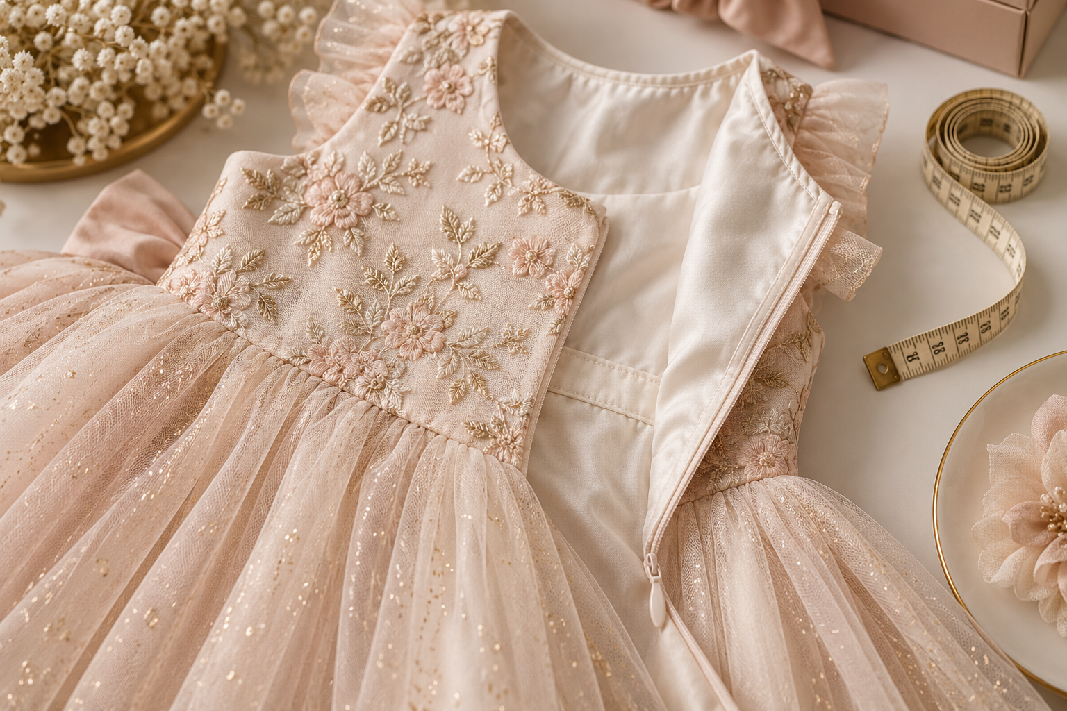 Detalhe de tecido, forro, costura e fita métrica em vestido infantil