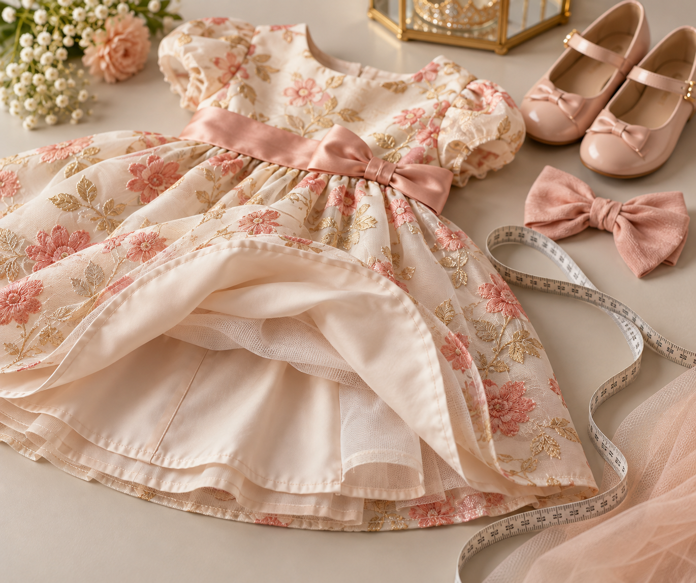 Detalhe de tecido, forro, costura e fita métrica para vestido infantil