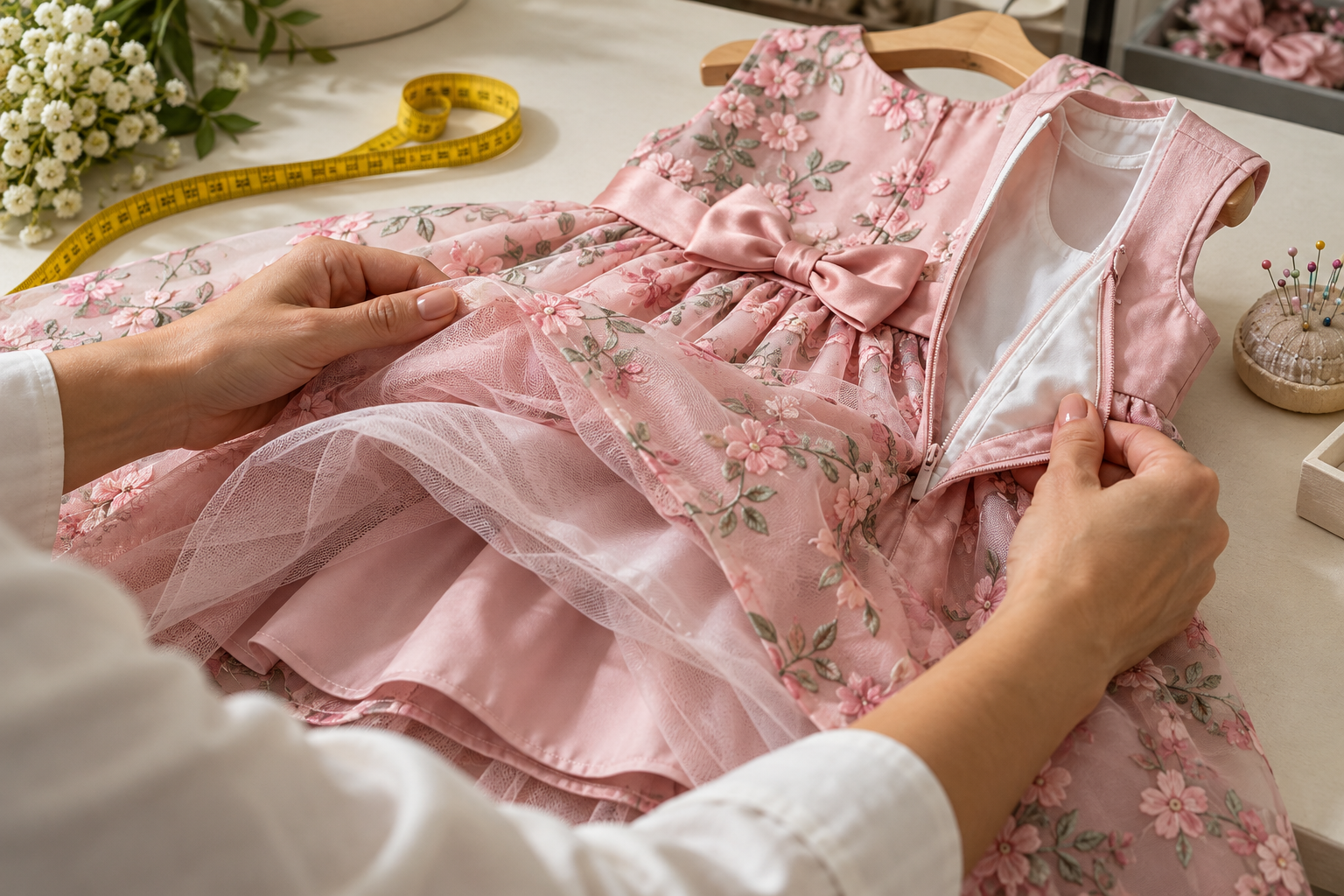 Tecido, forro, costura e fita métrica de vestido infantil