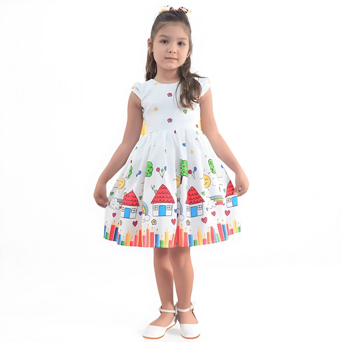 Detalhe de vestido infantil Aquarela Lápis de Cor para formatura ABC