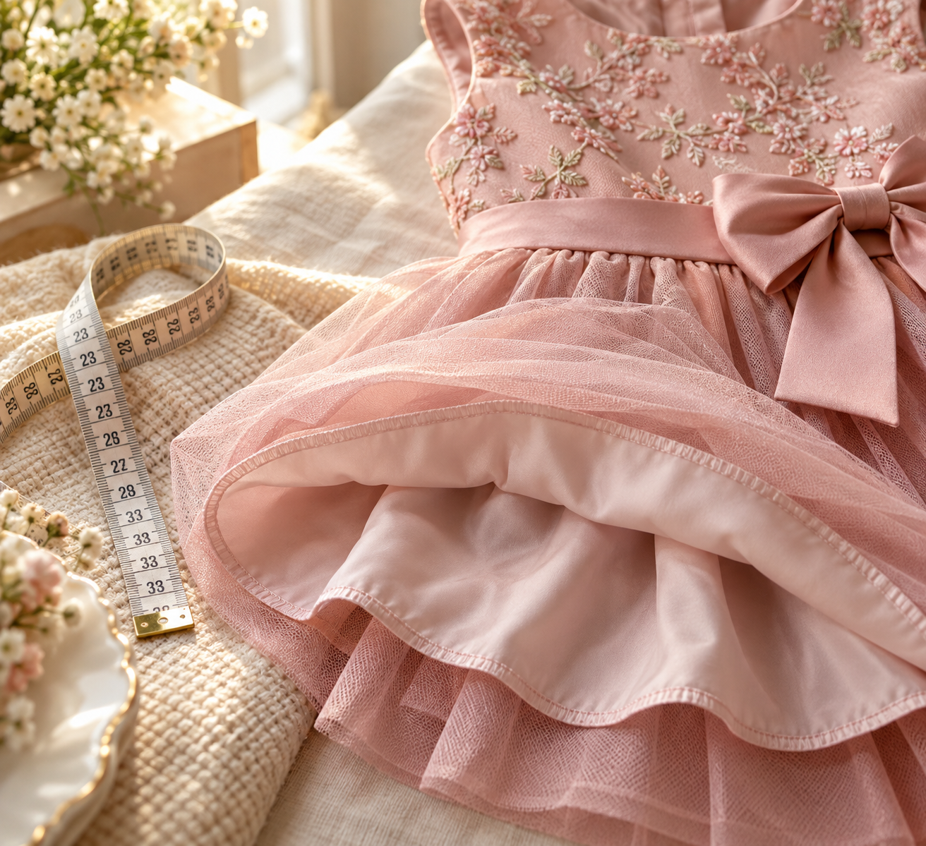 Detalhes de tecido e fita métrica para escolher vestido infantil em Aporé
