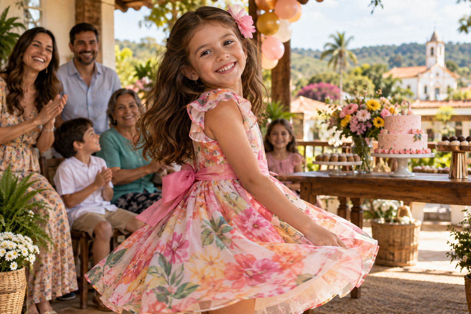 Menina usando vestido infantil de festa em uma comemoração de aniversário