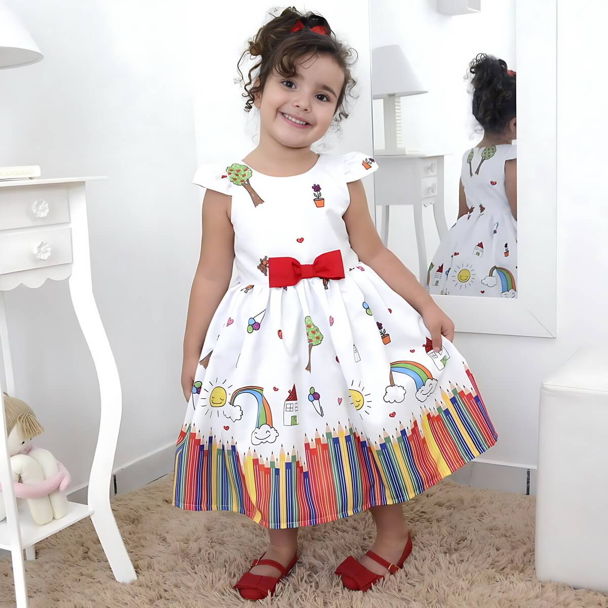 Vestido infantil de festa com estampa colorida para aniversário