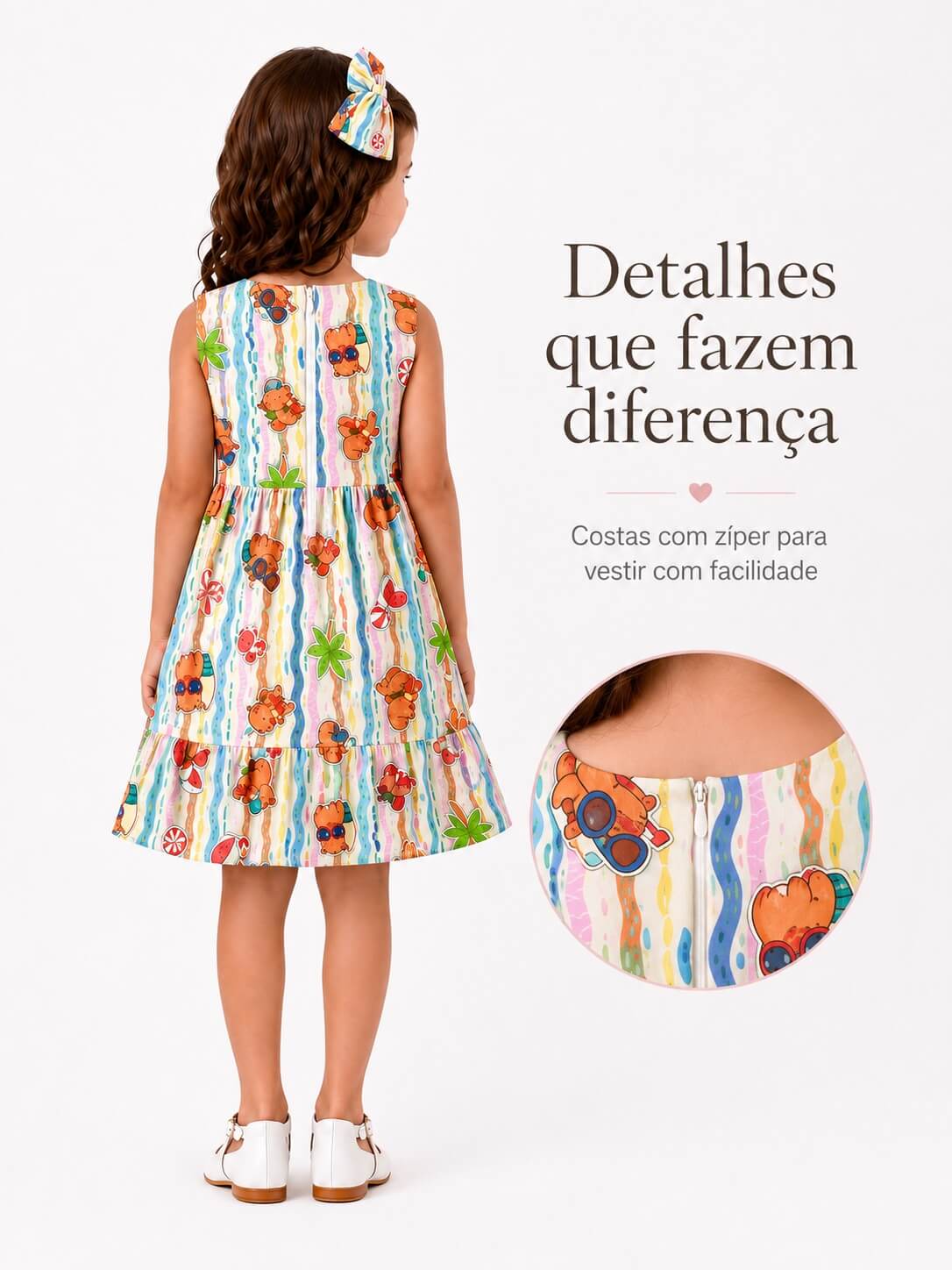 Detalhe de vestido infantil para festa com tema de capivara
