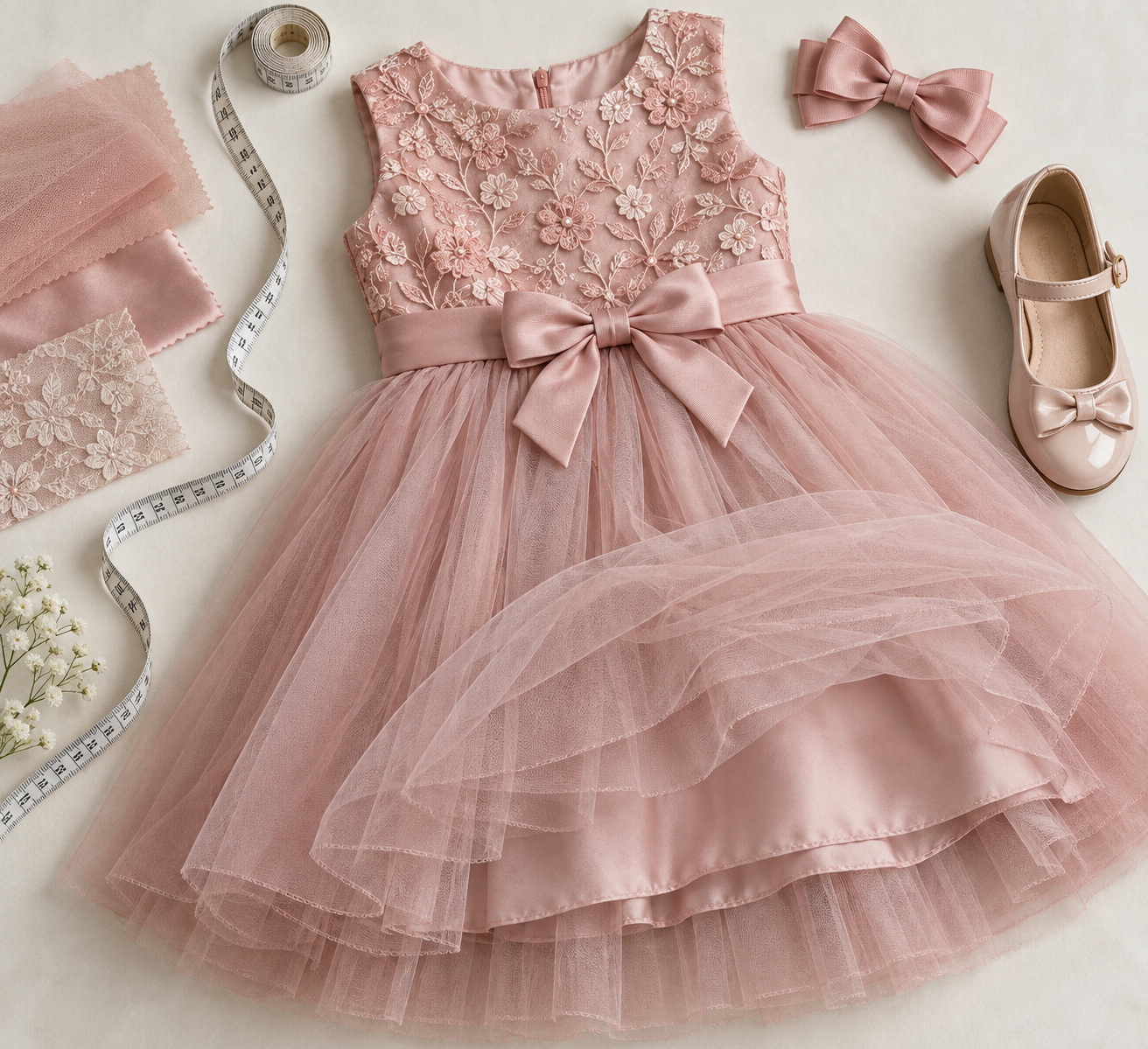 Detalhe de vestido infantil de festa com fita métrica, tule, forro e acessórios para escolher tamanho em Goiânia