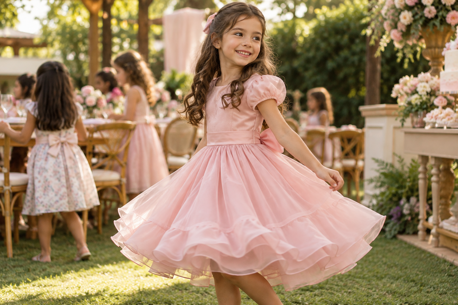 Menina usando vestido infantil confortável em festa de aniversário em Goiânia