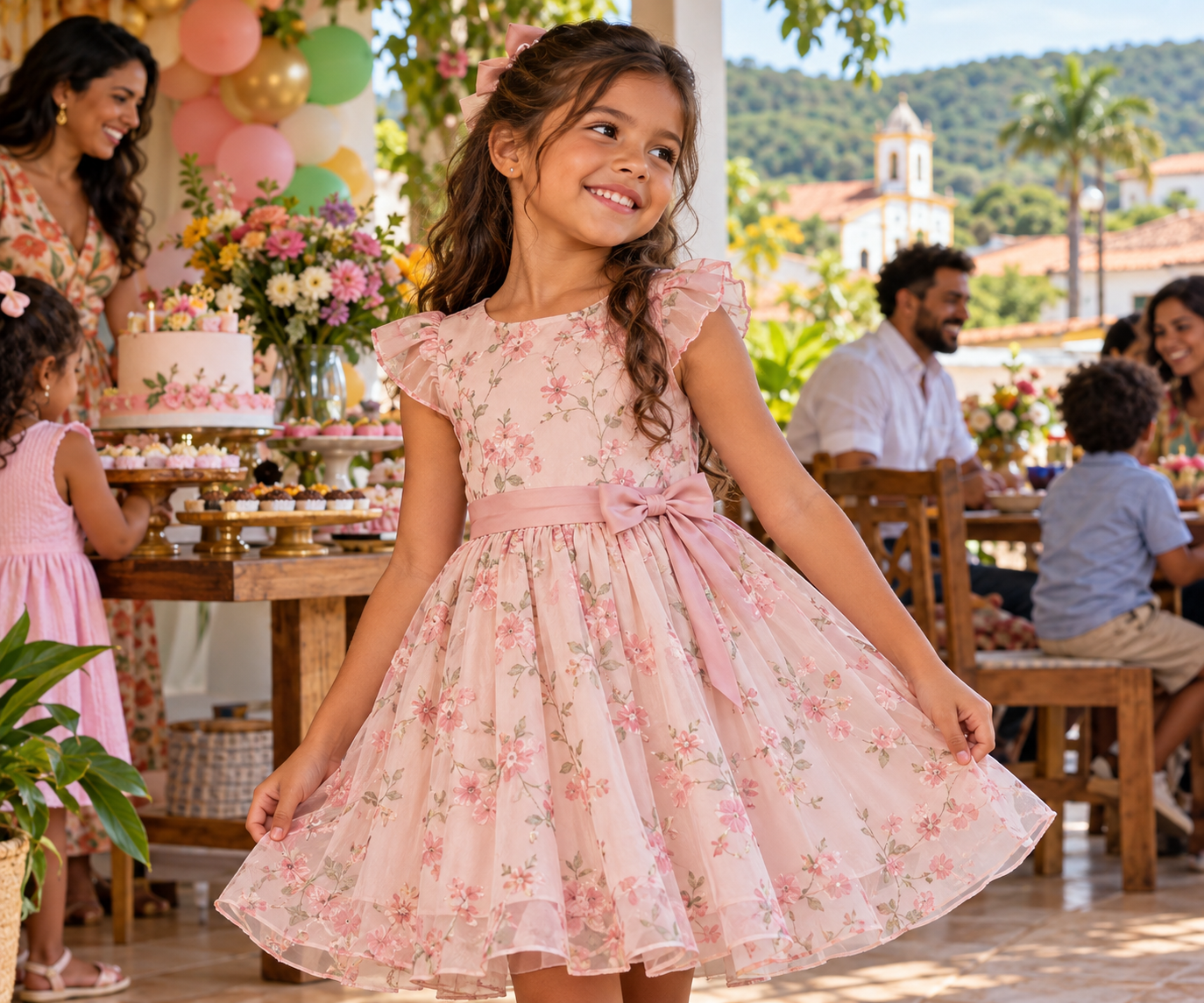 Menina usando vestido infantil para festa em uma comemoração