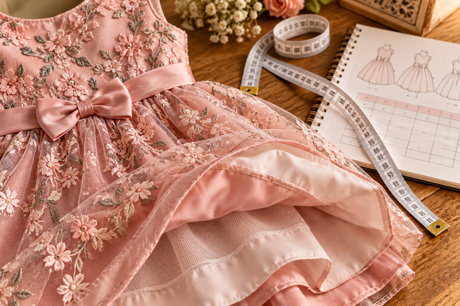 Detalhe de vestido infantil, tecido, acabamento e fita métrica