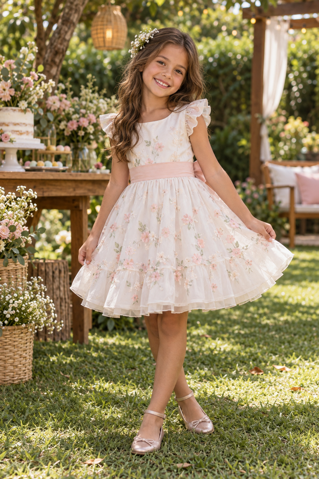 Menina usando vestido infantil de festa em um jardim ensolarado