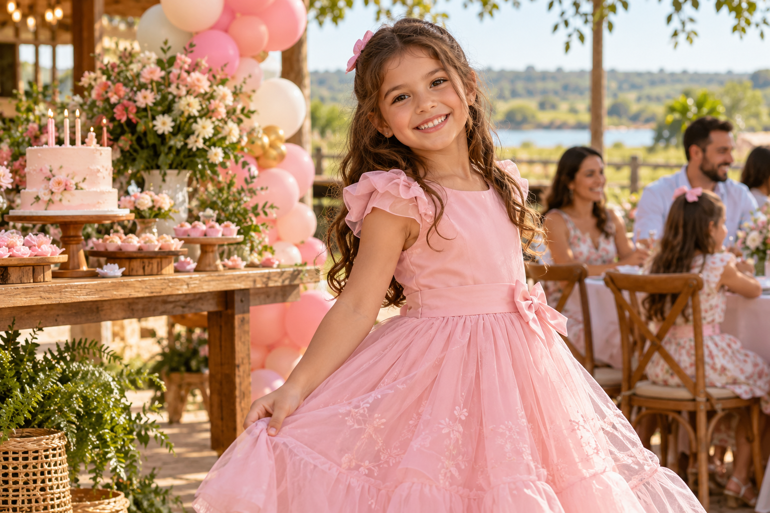 Menina usando vestido infantil rosa em uma festa de aniversário