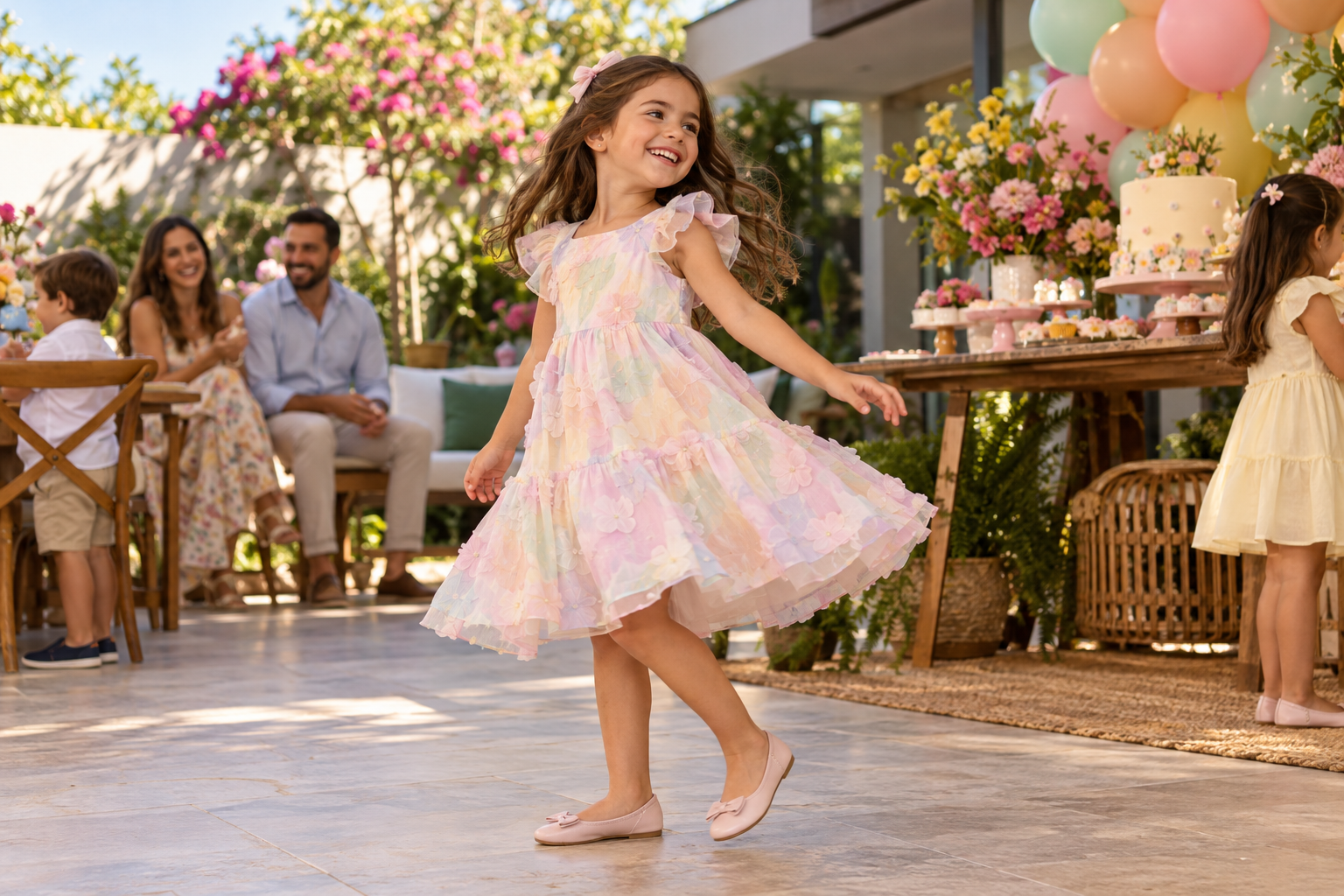 Menina usando vestido infantil confortável em festa de aniversário em Goiânia
