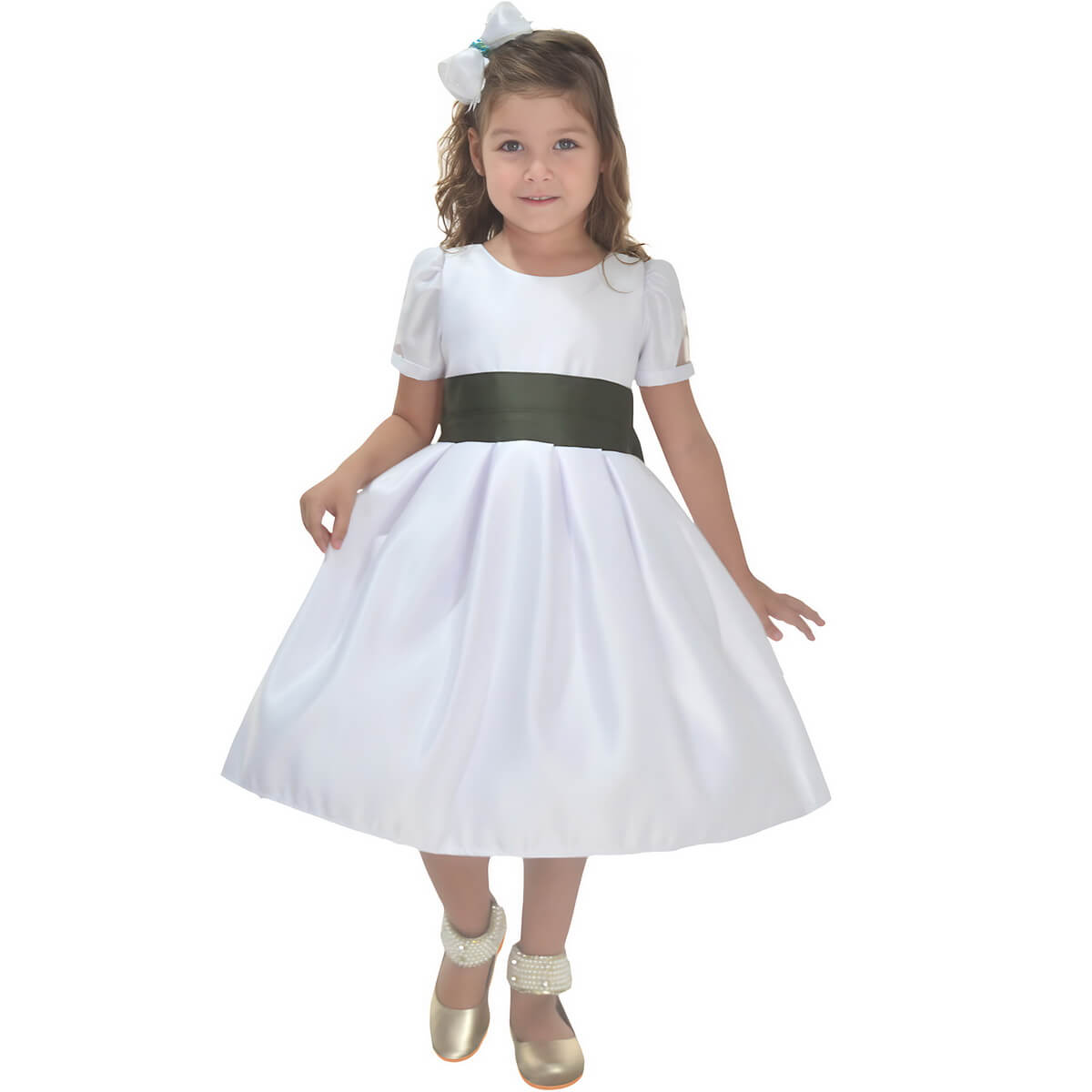 Vestido de Formatura Infantil ABC Branco e Verde Oliva para formatura no Setor Garavelo