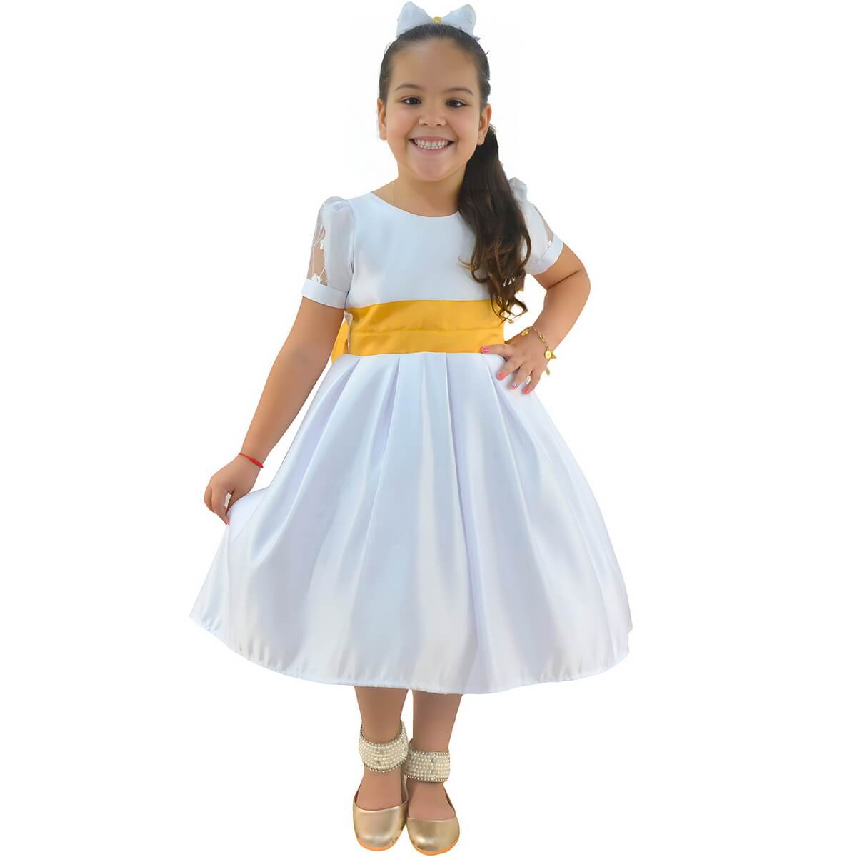 Vestido de Formatura Infantil ABC Branco com Dourado para formatura no Setor Garavelo