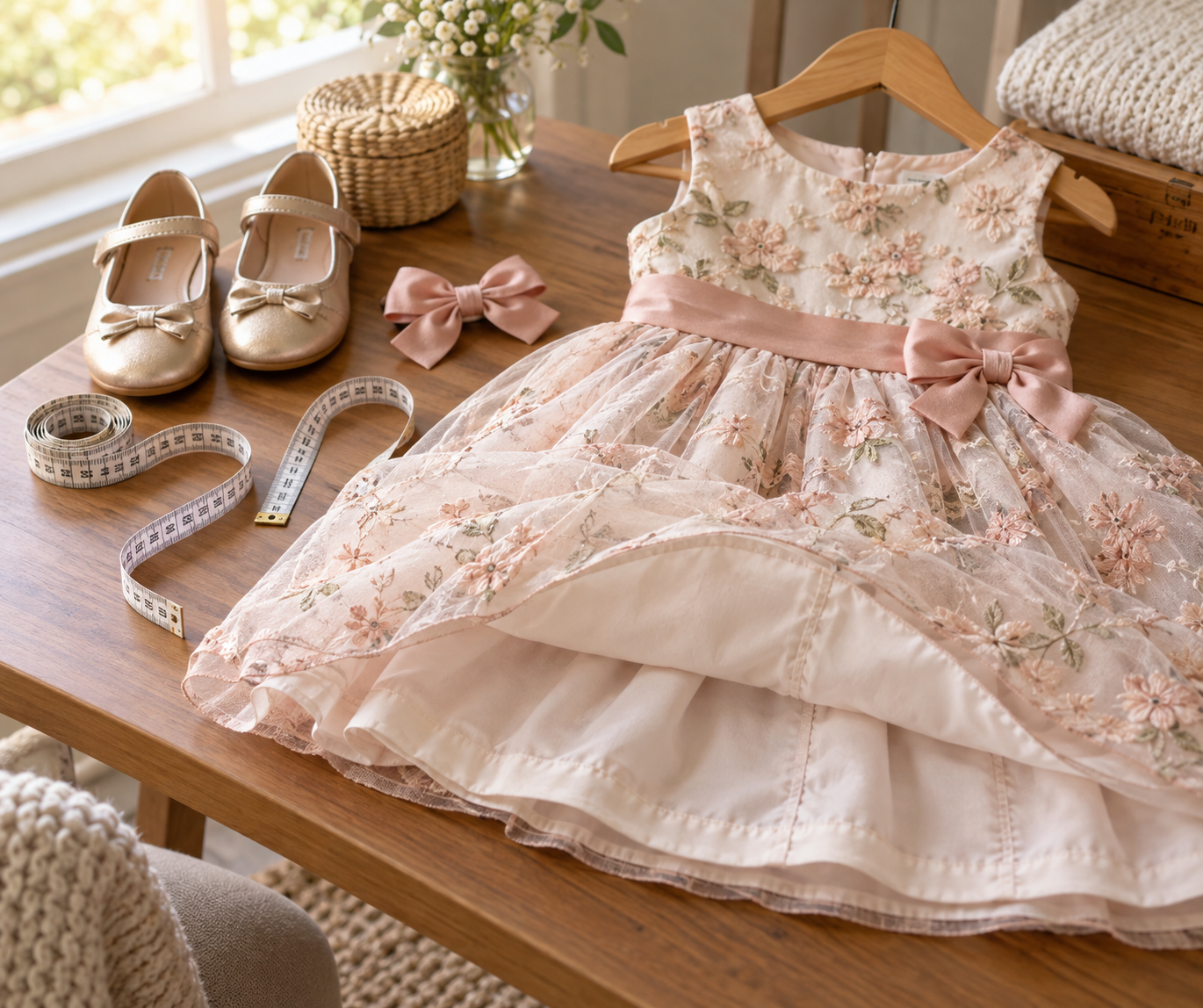Vestido infantil de festa, fita métrica, sapatos e acessório para conferir medidas e conforto