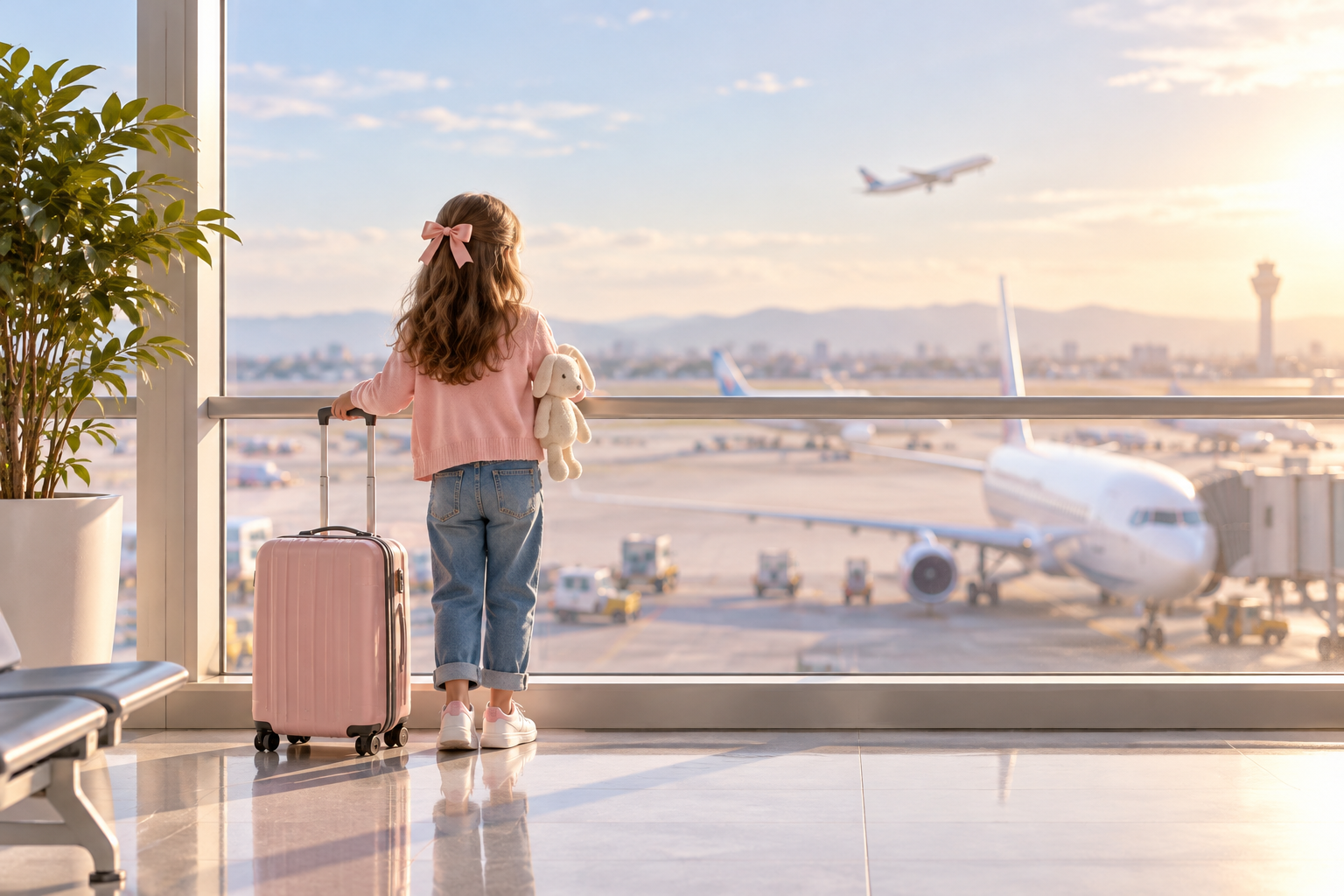 Menina com roupa confortável em aeroporto antes de viajar de avião